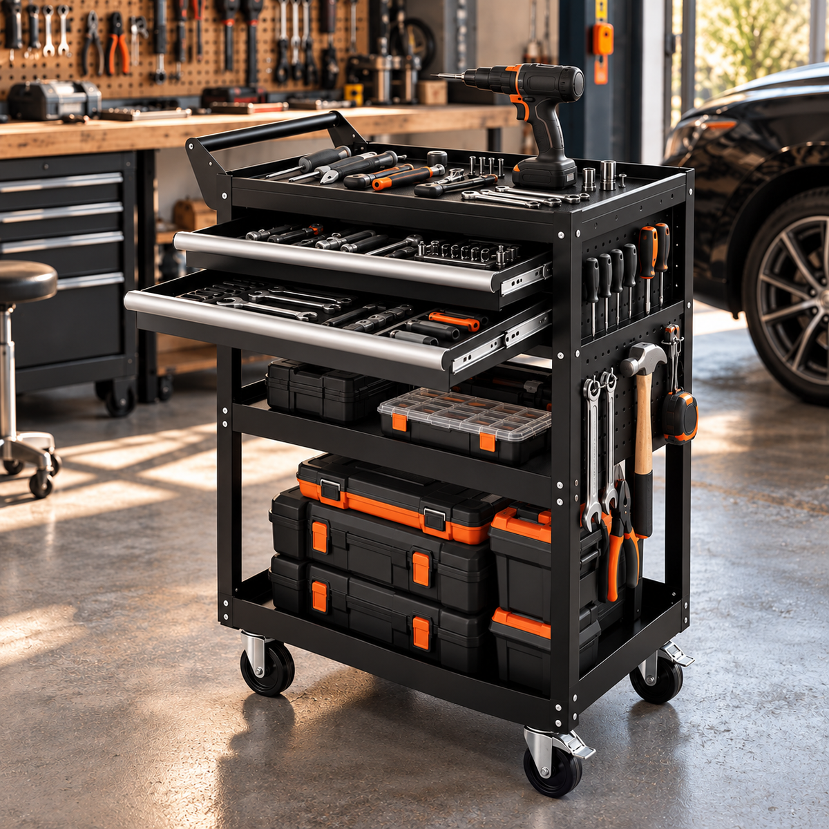 Servante d'atelier à roulettes dans un garage