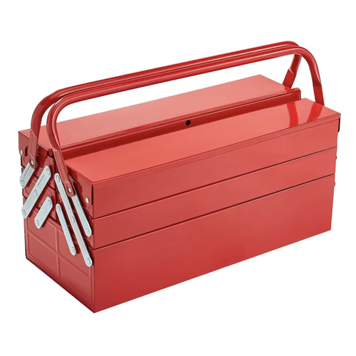 Caisse à outils métallique rouge 18 pouces, 3 niveaux et 5 compartiments, double poignée, fermée