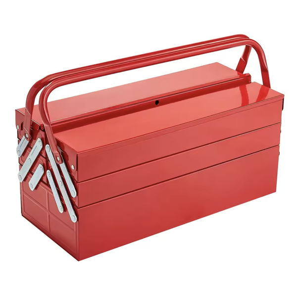 Caisse à outils métallique rouge 18 pouces, 3 niveaux et 5 compartiments, double poignée, fermée