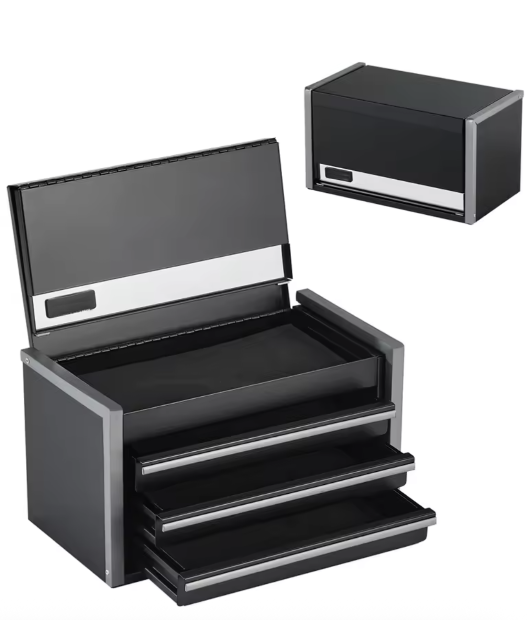 Mini coffre de rangement 3 tiroirs en acier noir, couvercle ouvert