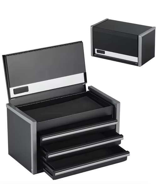 Mini coffre de rangement 3 tiroirs en acier noir, couvercle ouvert