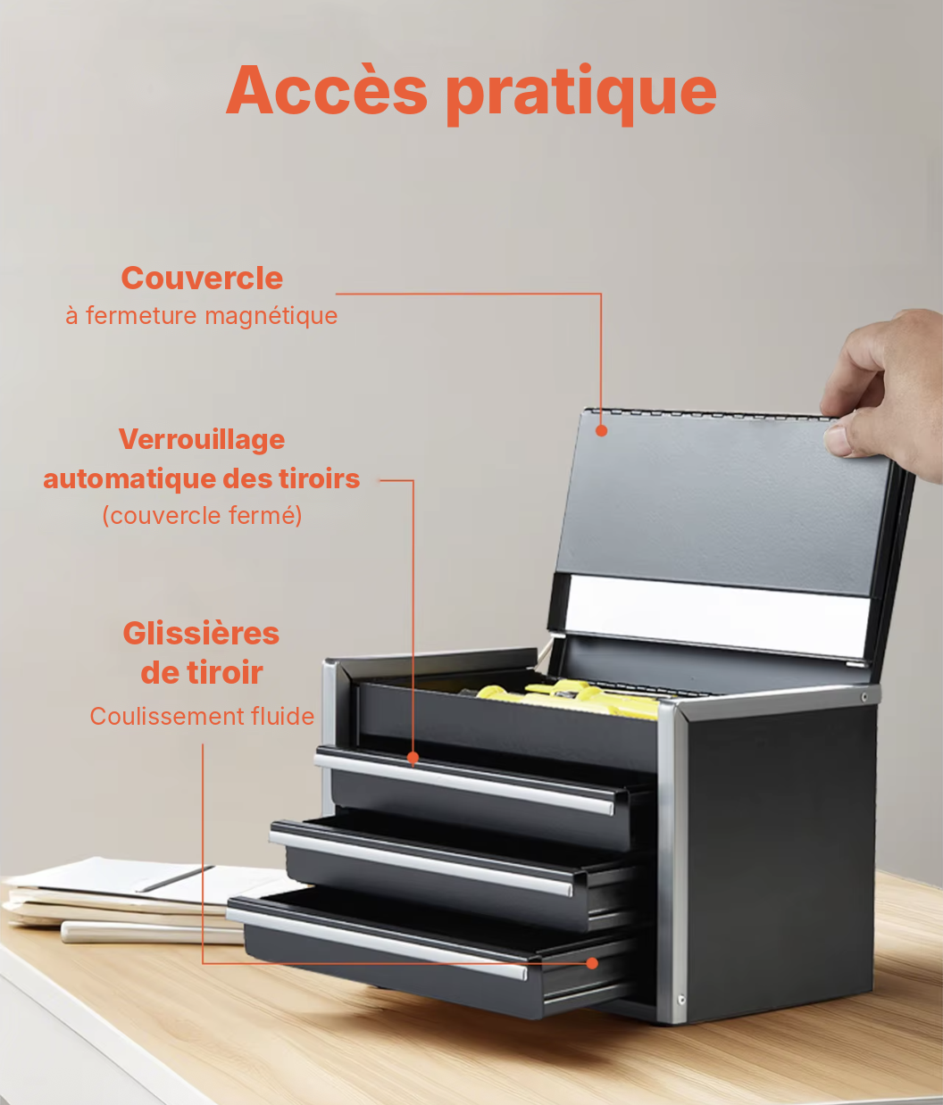 Couvercle magnétique et tiroirs à glissières du mini coffre en acier