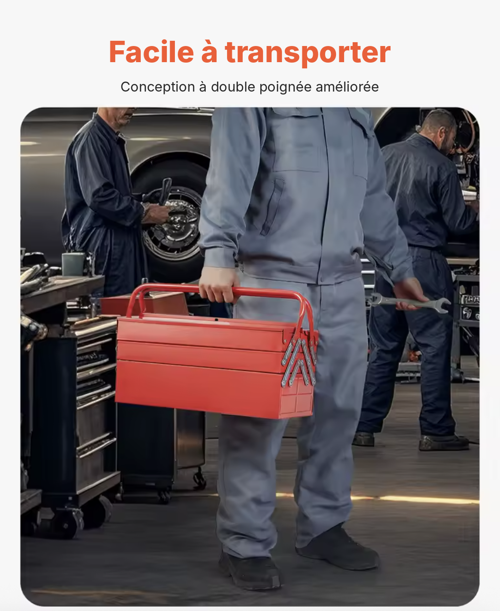 Caisse à outils métallique portée par la double poignée dans un atelier