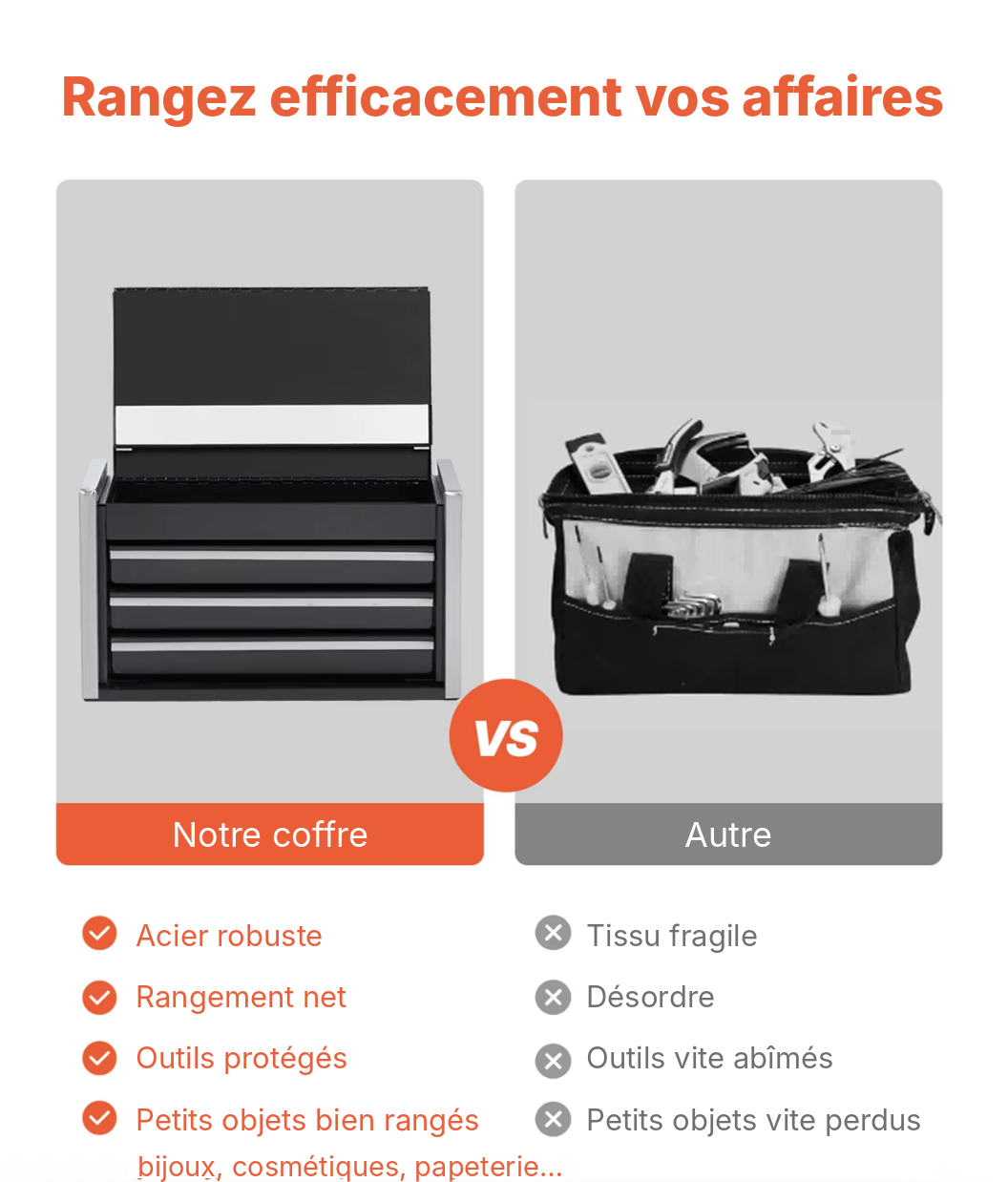 Mini coffre en acier comparé à un sac à outils en tissu