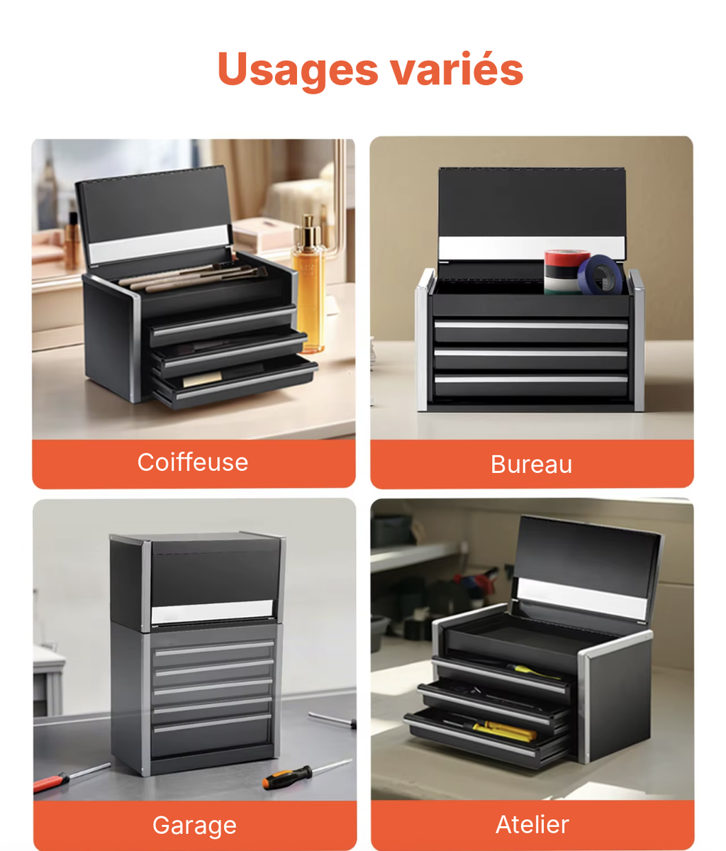 Mini coffre 3 tiroirs utilisé sur une coiffeuse, un bureau, au garage et à l'atelier