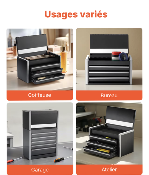 Mini coffre 3 tiroirs utilisé sur une coiffeuse, un bureau, au garage et à l'atelier