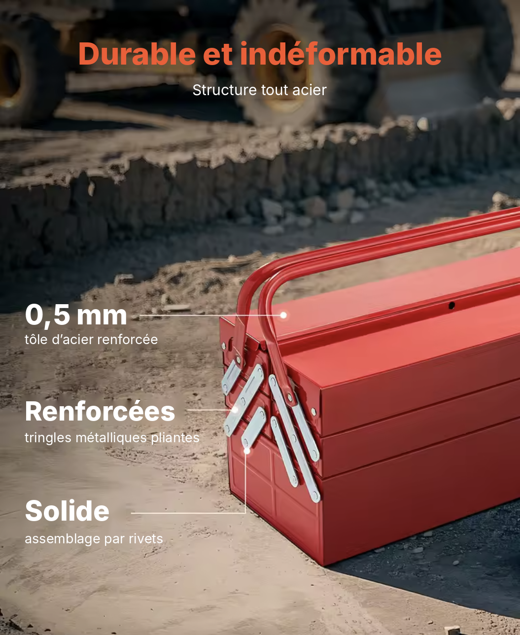 Structure en acier de 0,5 mm, tringles pliantes renforcées et assemblage riveté