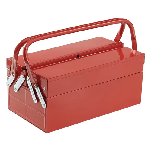 Caisse à outils métallique rouge 14 pouces, 2 niveaux et 3 compartiments, double poignée, fermée