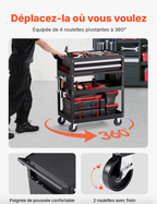 Servante d'atelier à 4 roulettes pivotantes à 360°, dont 2 avec frein