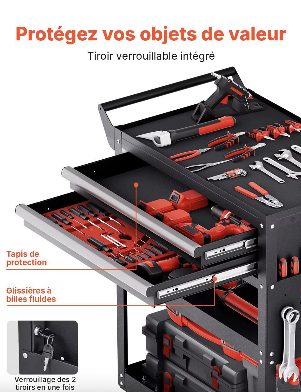 Tiroirs verrouillables sur glissières à billes de la servante d'atelier