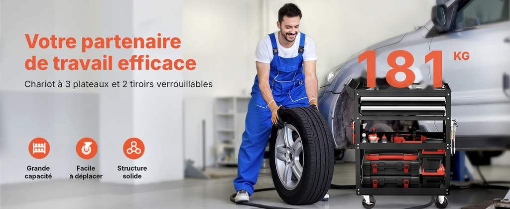 Servante d'atelier à 3 plateaux et 2 tiroirs verrouillables, dans un garage automobile