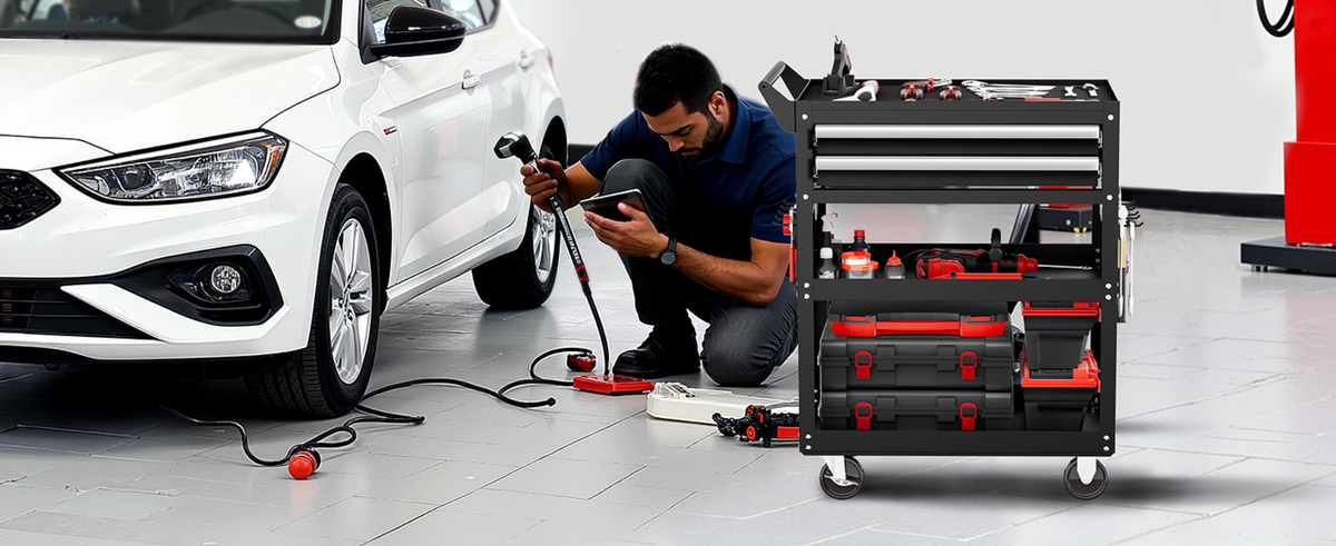 Servante d'atelier à côté d'une voiture, pour les travaux de mécanique